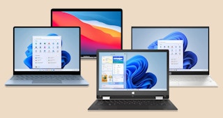 A composition of different laptops on a neutral background