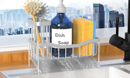 a metal sink caddy on a sink