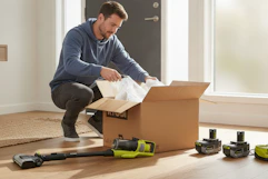 a man opening a ryobi vacuum set