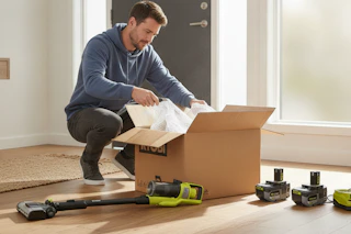 a man opening a ryobi vacuum set