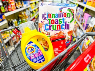 cvs shopping cart with tide simply, cinnamon toast crunch, neutrogena