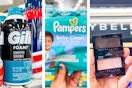 collage image of gillette foamy shave cream, pampers baby wipes, and maybelline eyeshadow
