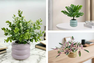 3 lifestyle images of faux plants from Walmart
