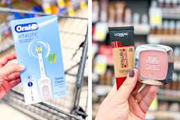 collage with electric toothbrush and cosmetics