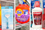 collage image of venus razor, tide pods, and colgate mouthwash