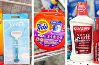 collage image of venus razor, tide pods, and colgate mouthwash