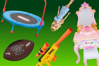 Little Tikes trampoline, Wilson football, Nerf Fortnite, Disney vanity, Barbie doll