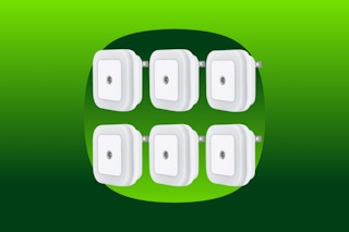 Six square plug-in nightlights with an LED in the center and lighted part around the edges