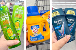 collage image of garnier shampoo, arm & hammer detergent, and degree deodorant