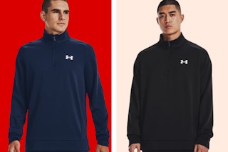 Models wearing different colored Under Armour Men's Quarter Zips on a red and cream collage background.