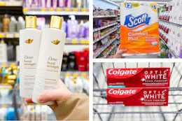 walgreens dove, colgate, scott 3-photo collage