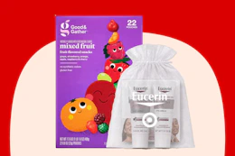 Good & Gather mixed fruit snacks box and a mesh bag of Eucerin skincare samples, free at Target's Sept. 12 in-store events