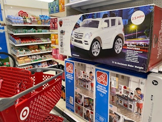 roll play mercedes-benz powered ride-on on a target shelf