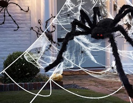 a fake spider and web in front of a house