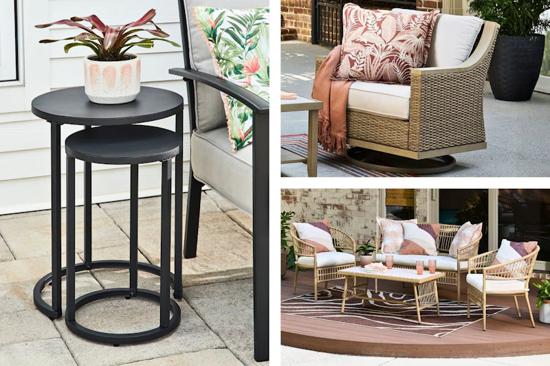 3 lifestyle images of patio furniture from Lowe's