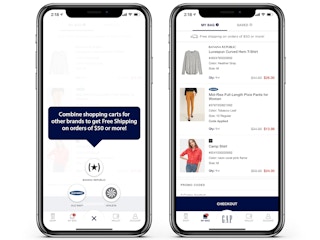 iphone screen shots for the Gap app. One displaying how to switch between brands on the app and another of an online shopping cart full o...