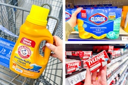 Walmart in-store photos of Arm & Hammer detergent, Clorox wipes & Tylenol