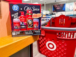 old spice gift set sitting on a table in front of parked target cart