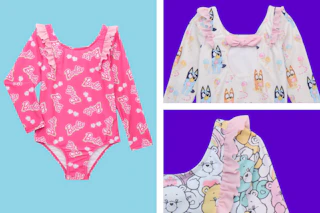 Three toddler swimsuits: Barbie, Bluey & Care Bears