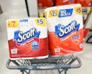 shopping cart with one pack of Scott Paper Towels and Toilet Paper