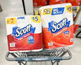 shopping cart with one pack of Scott Paper Towels and Toilet Paper