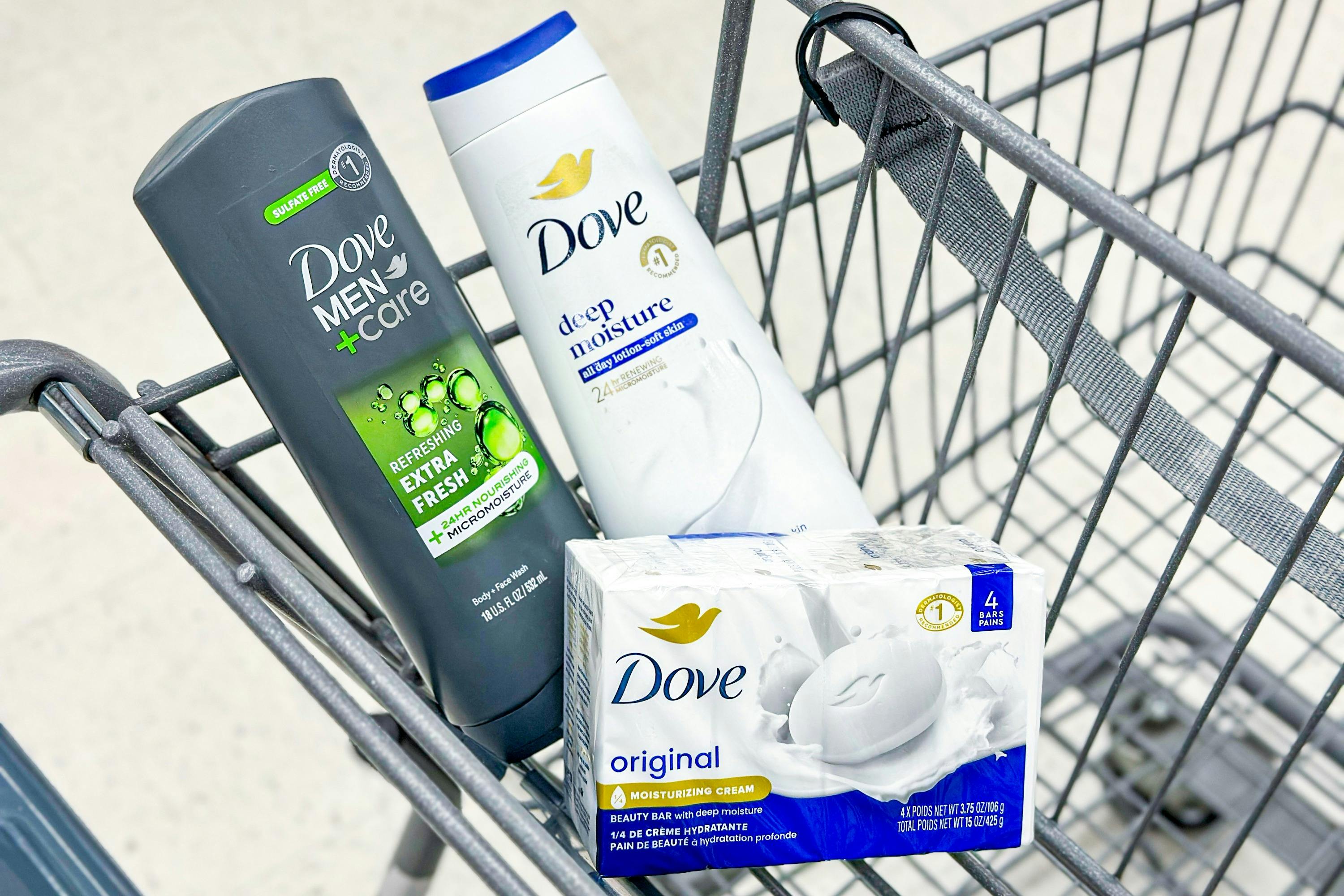 dove body wash and bar soap in a cart