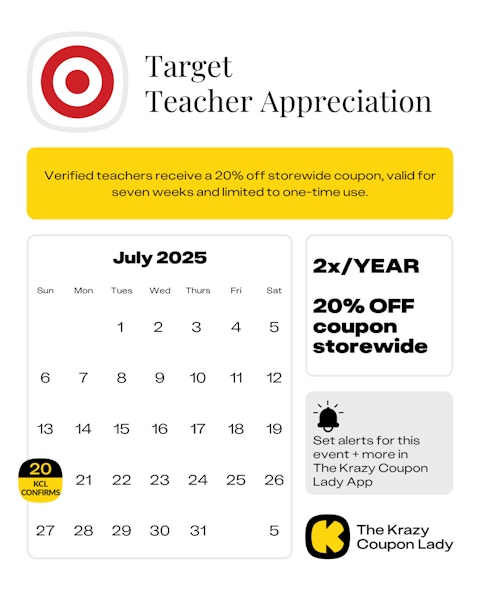Calendar Graphic with Target Teacher Appreciation confirmed to start on July 20 2025