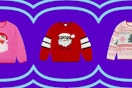 pink, red Santa sweaters and a white ugly sweater print with a Christmas tree