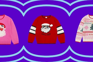 pink, red Santa sweaters and a white ugly sweater print with a Christmas tree