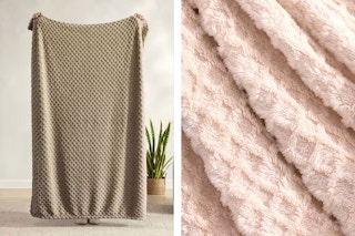 2 lifestyle images of the Swift Home Jacquard Throw Blankets in 2 different colors (one close up shot of the texture)