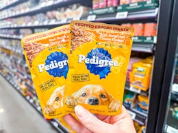 hand holding two pedigree pouches in walmart aisle
