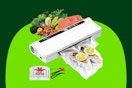A white vacuum sealer machine has raw veggies and meat going in and fish with lemons coming out. 40 bags are included.
