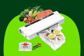 A white vacuum sealer machine has raw veggies and meat going in and fish with lemons coming out. 40 bags are included.
