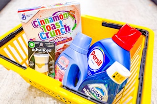 groceries in a dollar general shopping basket