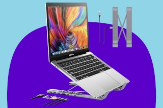 Mukiya USB C Laptop Docking Station Stand on a blue background.