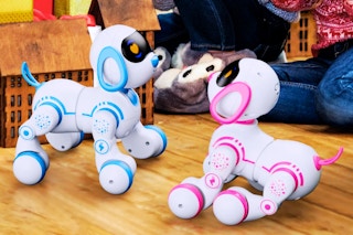 Blue and Pink Contixo Smart Puppy toys (close up lifestyle image)