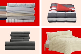 dorm room bedding on a cream and red background