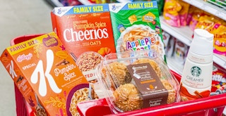 some fall food products in a target shopping cart