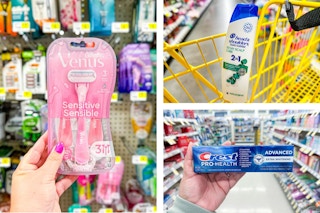 dollar general head and shoulders, venus, and crest products in a 3-photo collage
