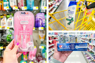 dollar general head and shoulders, venus, and crest products in a 3-photo collage