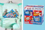 a collage with a snack in a pocket of a backpack and a box of snacks