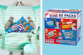 a collage with a snack in a pocket of a backpack and a box of snacks