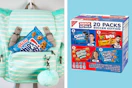 a collage with a snack in a pocket of a backpack and a box of snacks