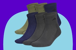adidas Men's Athletic Cushioned 6-Pack Quarter on a blue background.