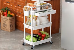 a cart with food in a kitchen