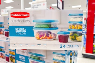 rubbermaid 24-piece set sitting on top a target display