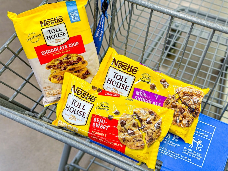 two nestle toll house chocolate chips and cookie dough in walmart cart