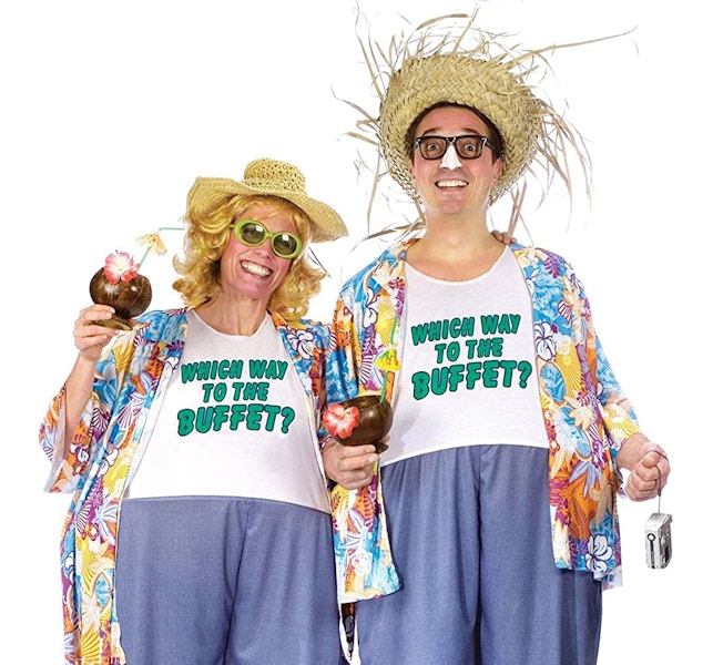 woman and man dressed in tacky tourist Halloween costumes