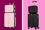 2 hardside spinner luggage sets side by side