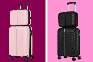 2 hardside spinner luggage sets side by side